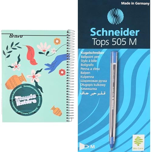 Bravo Stationery Bundle: A4 Hardcover Notebook 145 Sheets + Schneider Tops Ballpoint Pens Blue 3-Pack