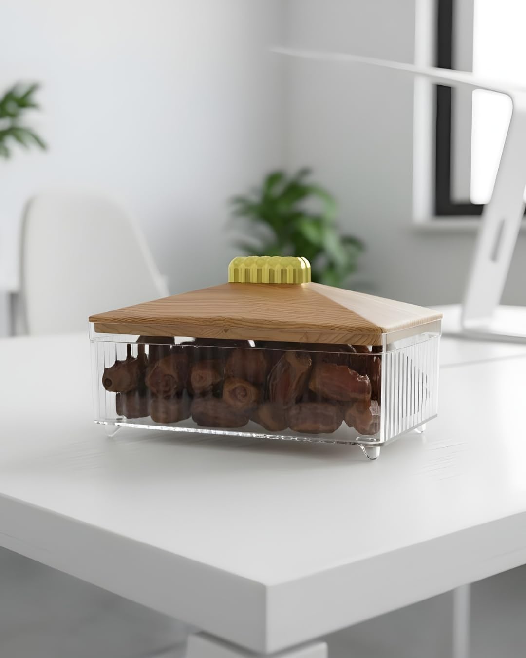 Sela Clear Acrylic Serving Box with Natural Wood Lid and Golden Handle for Elegant Presentation of Dates Nuts Sweets and Luxury Candies Storage