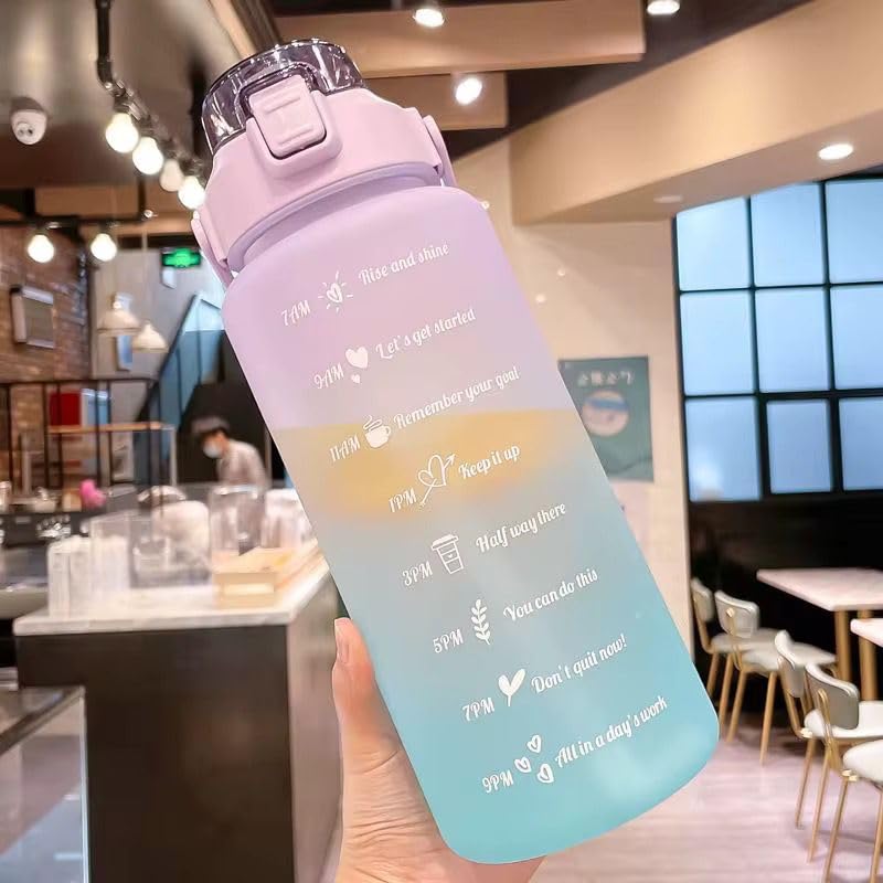 GHAZAL Large Capacity Water Bottle with Bounce Cover Time Scale Reminder Frosted Cup with Cute Stickers for Outdoor Sports Fitness