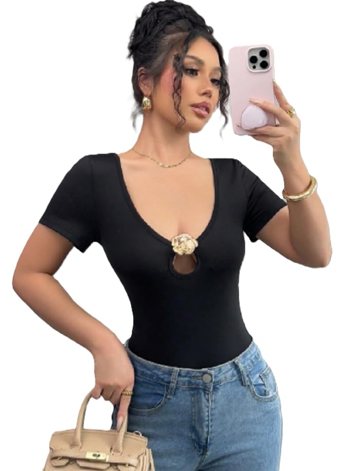 Women's Black Bodysuit, Short Sleeve Scoop Neck T-Shirt with Ring Detail, Slim Fit