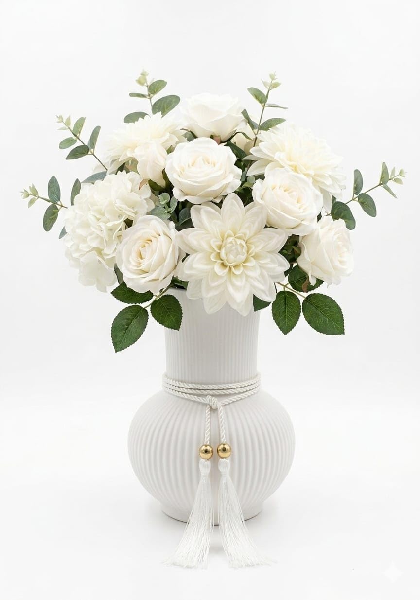 Decorative Ribbed Vase with Gold Tassel Rope for Home (White)