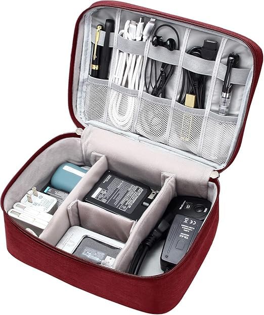 Big Travel Universal Cable Organizer Waterproof Carrying Bag, Gadgets Electronics Accessories Storage Case for Charger, USB Cables, Earphone, Ipad Mini, Phone, SD Card, Power Bank (Gery) (Red)