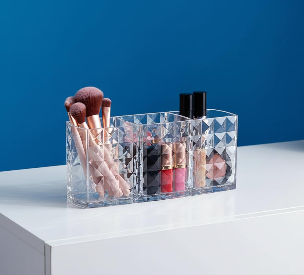 Clear Makeup Brush Organizer and Holder – Elegant Design with 3 Slots for Cosmetic Brushes Storage – Modern Shape Provides Perfect Table or Dresser Arrangement – Practical and Easy to Clean