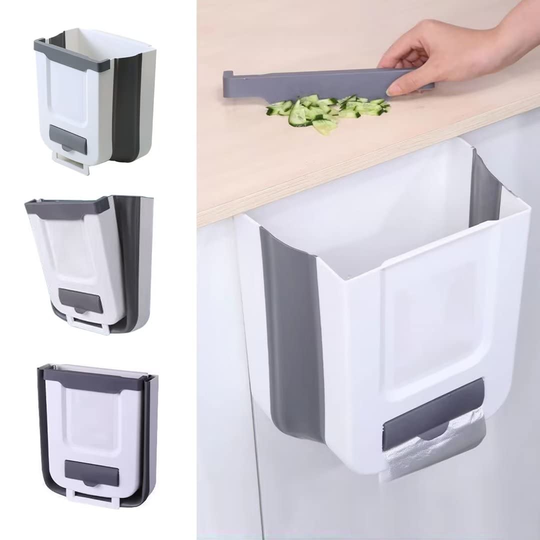 Trash Can - Hanging Foldable Trash Bin Wall Mounted Waste Bin, Small Compact Garbage Can for Kitchen Toilet Bathroom Living Room, Storage Box for Trash Bag Multifunctional (With 1 Invisible Hook)