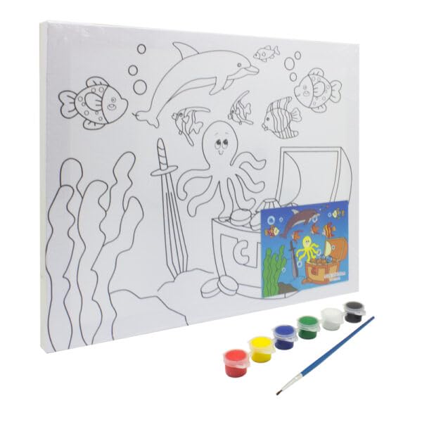 Keep Smiling Canvas Painting Set With Paint Brush & 6 Watercolor For Kids, 30 x25 cm - White Black - 523