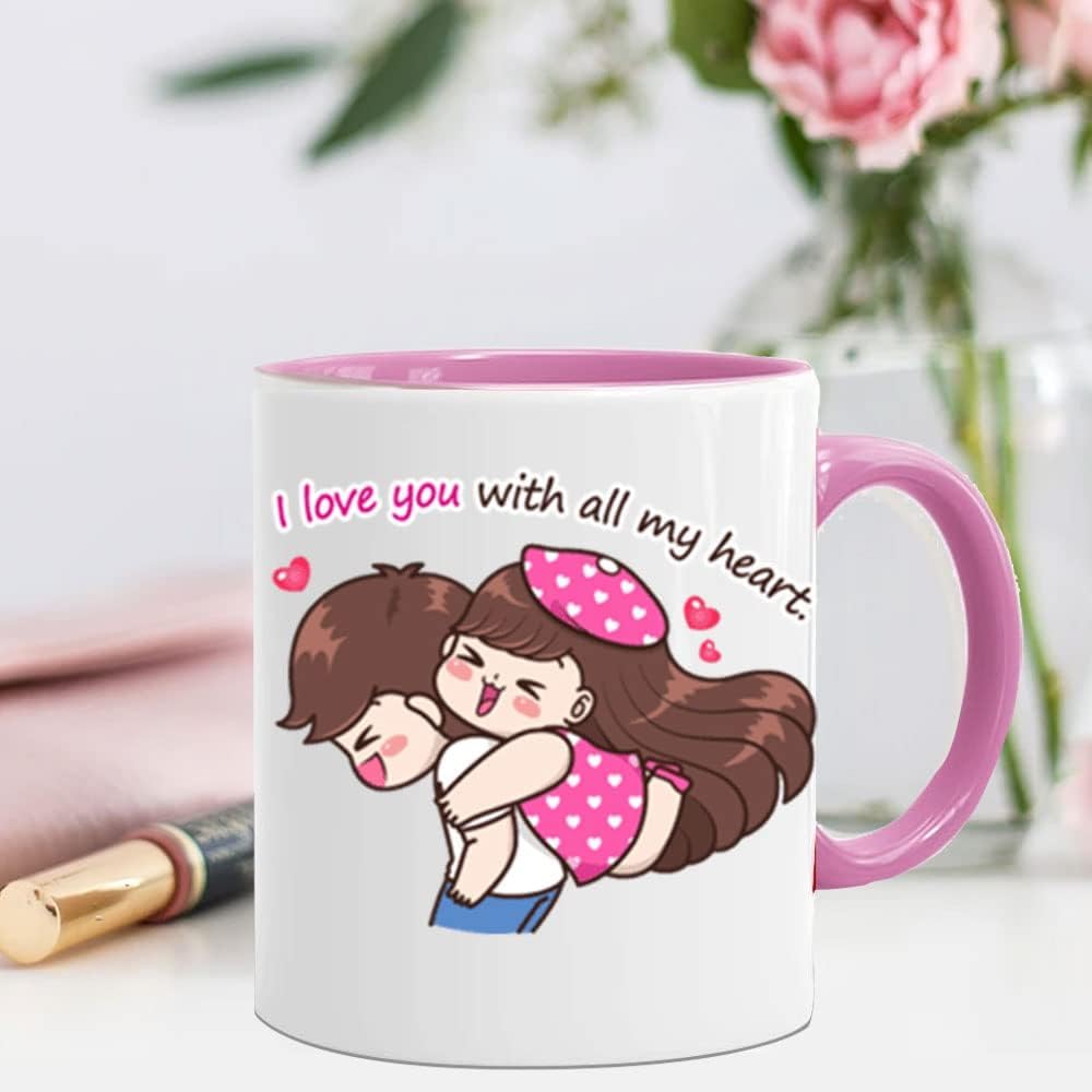 I Love You with All My Heart Pink Handle White Ceramic Mug- Valentines Day Anniversary Love Gift for Girlfriend Boyfriend Husband Wife Fiancee