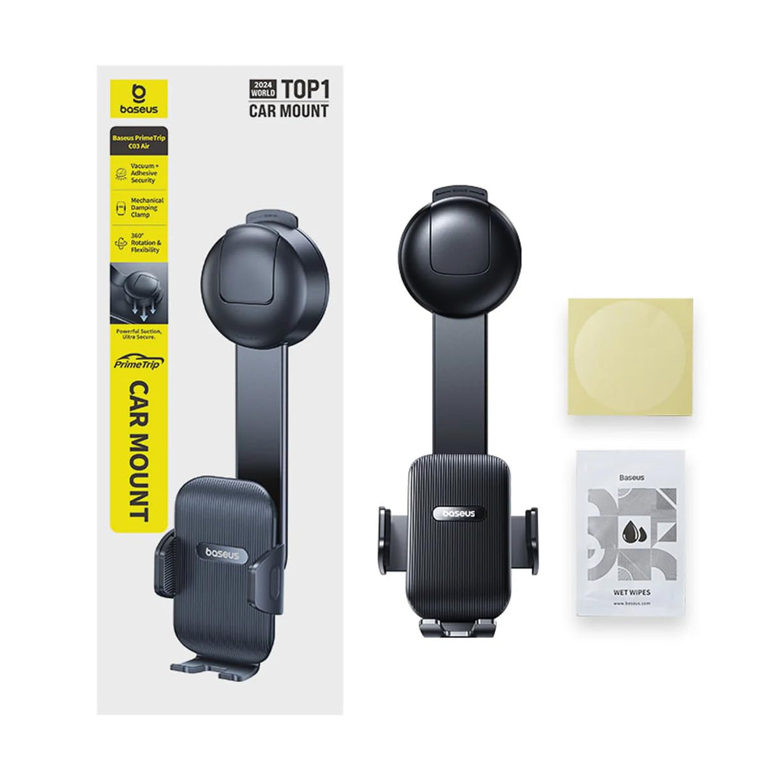 Baseus PrimeTrip C03 Air Clamping Car Mount Suction Cup | Mechanical Phone Holder with Double 360° Rotation | Flexible Aluminum Arm | Universal Dashboard Windshield | Heavy Duty Stable Mount