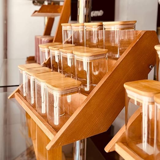 XPY-Q4 Kitchen Essentials H.Quality I-Kea Set Of Spices 12 Glass Jars Wooden Lid & Natural Wooden Ladder, I-KEA Spices Jars Organizer, Kitchen Top Live Photos, Decorative 250ml Glass Spices Storage