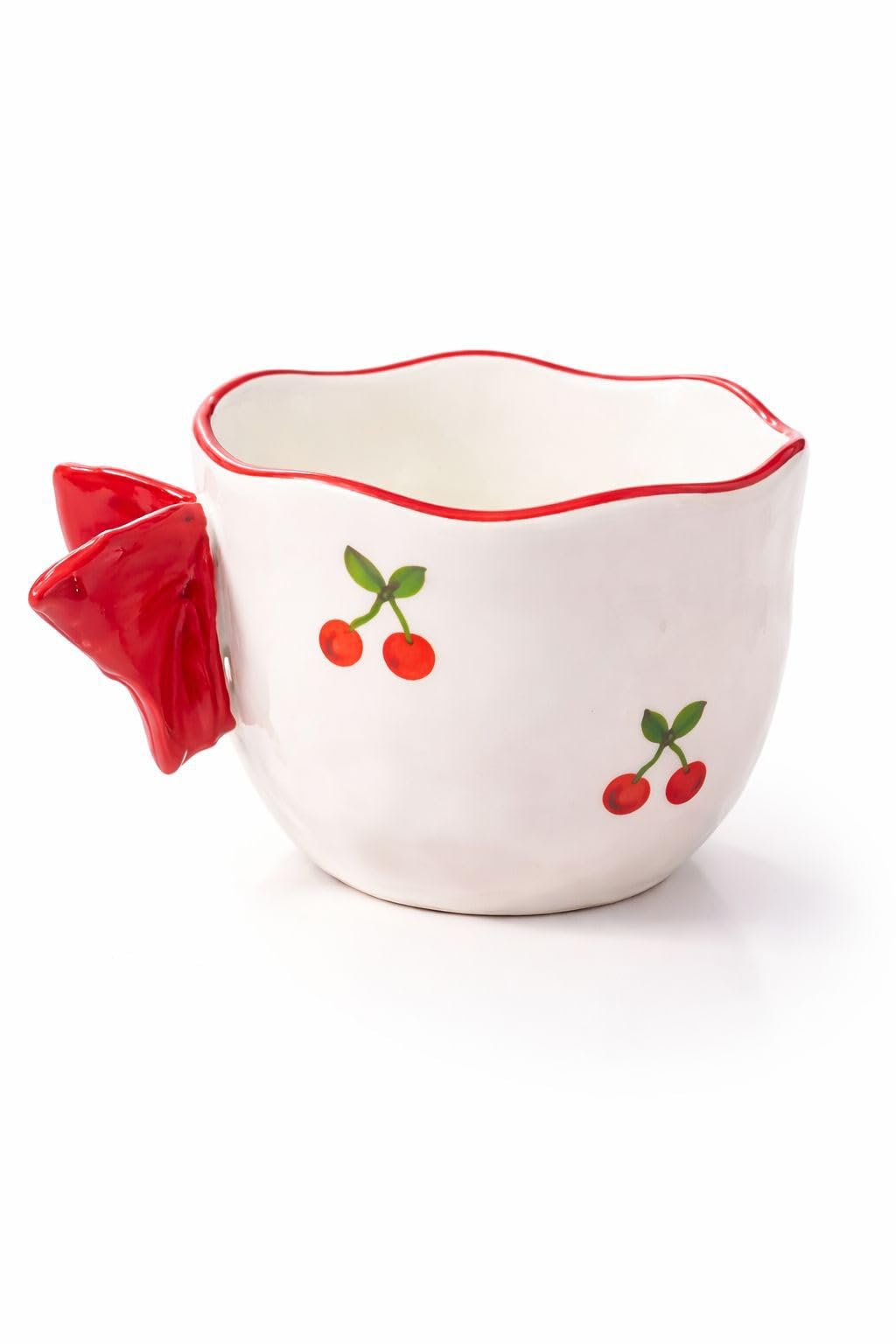 Cute Ceramic Cup with Decorative Butterfly Handle, Cherry & Heart Design, 9.5 cm Opening, 8 cm Height, Coffee Tea Milk Cup, Aesthetic Gift Mug (One Size, Bow)