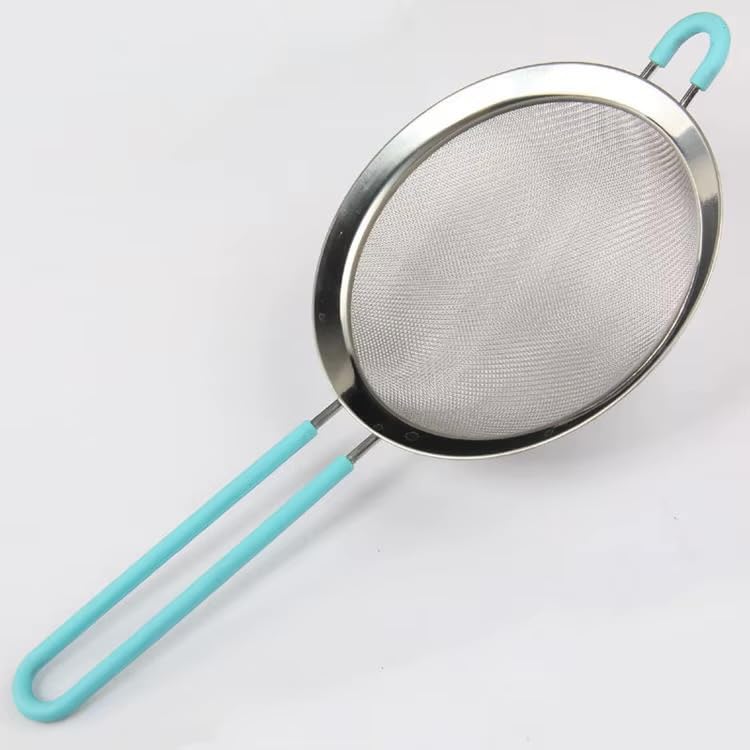 Fine Mesh Strainer with sky blue Silicone Handle, Stainless Steel, Multi-Purpose Kitchen Sieve for Tea, Coffee, Juice, Baking, sky blue (12 cm)