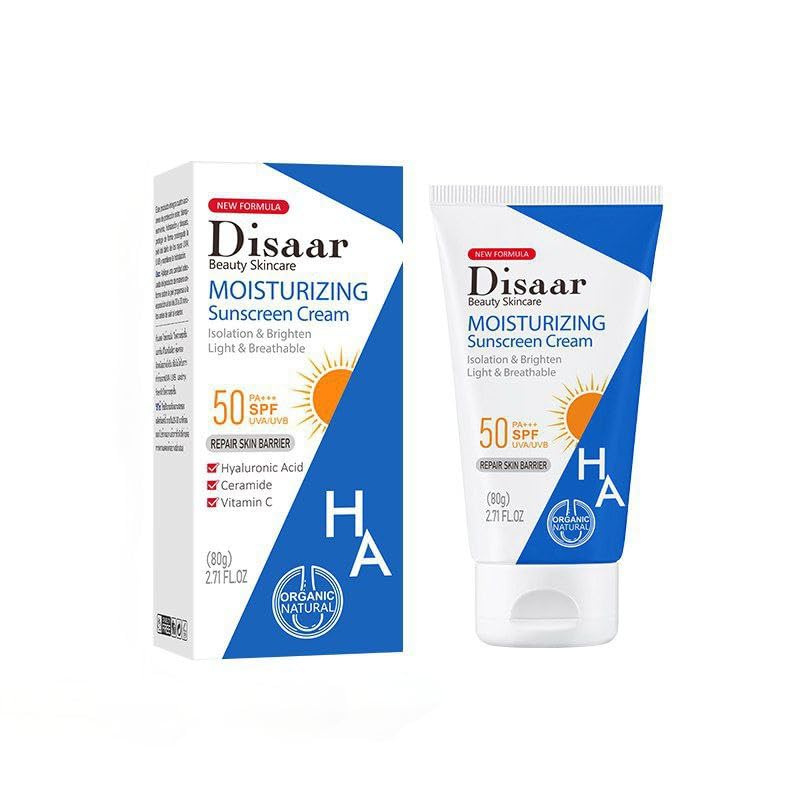 Disaar Moisturizing Sunscreen Cream with Hyaluronic Acid, Ceramides and Vitamin C, SPF 50, Light and Breathable, 80g