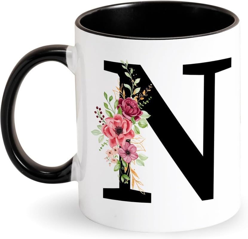 Initial Mugs Personalized Coffee Mug with Letters and Floral Black Ceramic Mug Initial Mug Gifts for Women Friends for Birthday, Valentine's Day, Christmas (N)
