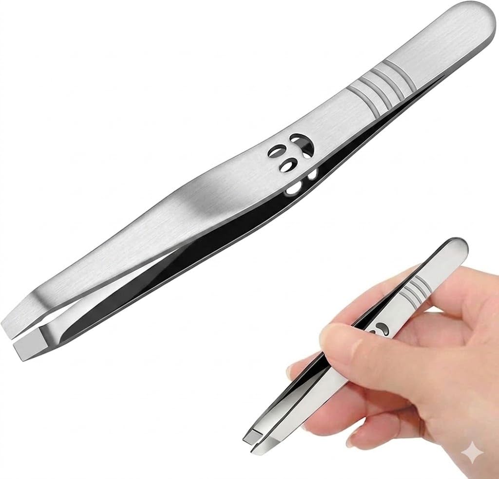 Professional Eyebrow Tweezers Stainless Steel Facial Hair Removal Tweezers with Slanted Tip for Easy Plucking Silver-SMILE FACE DESIGN