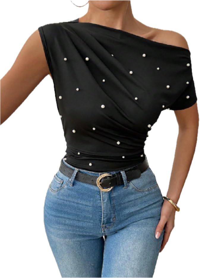 Women's Pearl-Embellished One-Shoulder Top, Black Knitted Fabric, Short Sleeve, Ruched Design