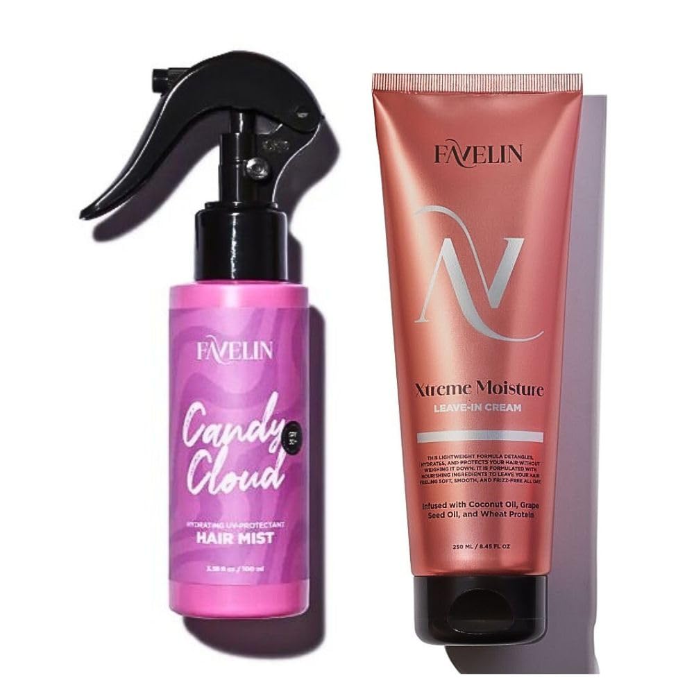 Favelin Xtreme Moisture Leave-in Cream ( 250 ml ) and Candy Cloud Hair Mist ( 100 ml ) - Hydrating UV-Protectant & Frizz Control and Strengthens