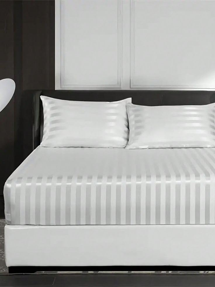 Premium Cotton Striped Bed Sheet Set, White, 200 Thread Count, 3 Piece with Fitted Sheet and Pillowcases (100x200cm)