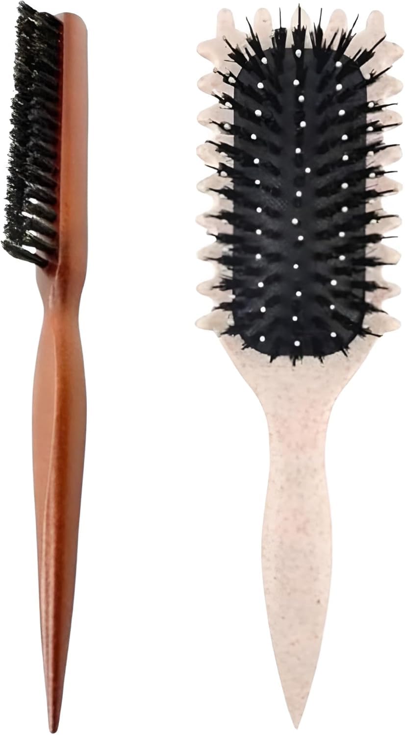 2-Piece Hair Brush Set – 1 Curly Defining Brush & 1 Wooden Baby Hair Brush – Professional Styling Kit for Smoothing, Detangling & Defining – Suitable for All Hair Types – Home & Salon Use