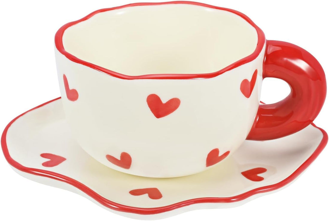 Ceramic Cup and Saucer Set, White with Pattern, Wavy Rim, Tea or Coffee(1pcs) (Red Heart)