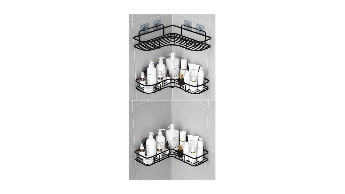 3-Tier Corner Shower Caddy, Black Metal Wall Mounted Bathroom Organizer, No-Drill Adhesive Installation, Corner Shower Caddy Bathroom Shelf