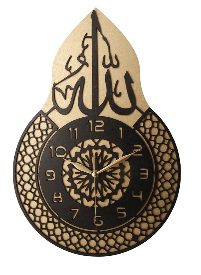 Wooden Wall Clock Modern Islamic Design, Size 45 * 30 cm, with English Numbers - Analog, Quartz, LV13