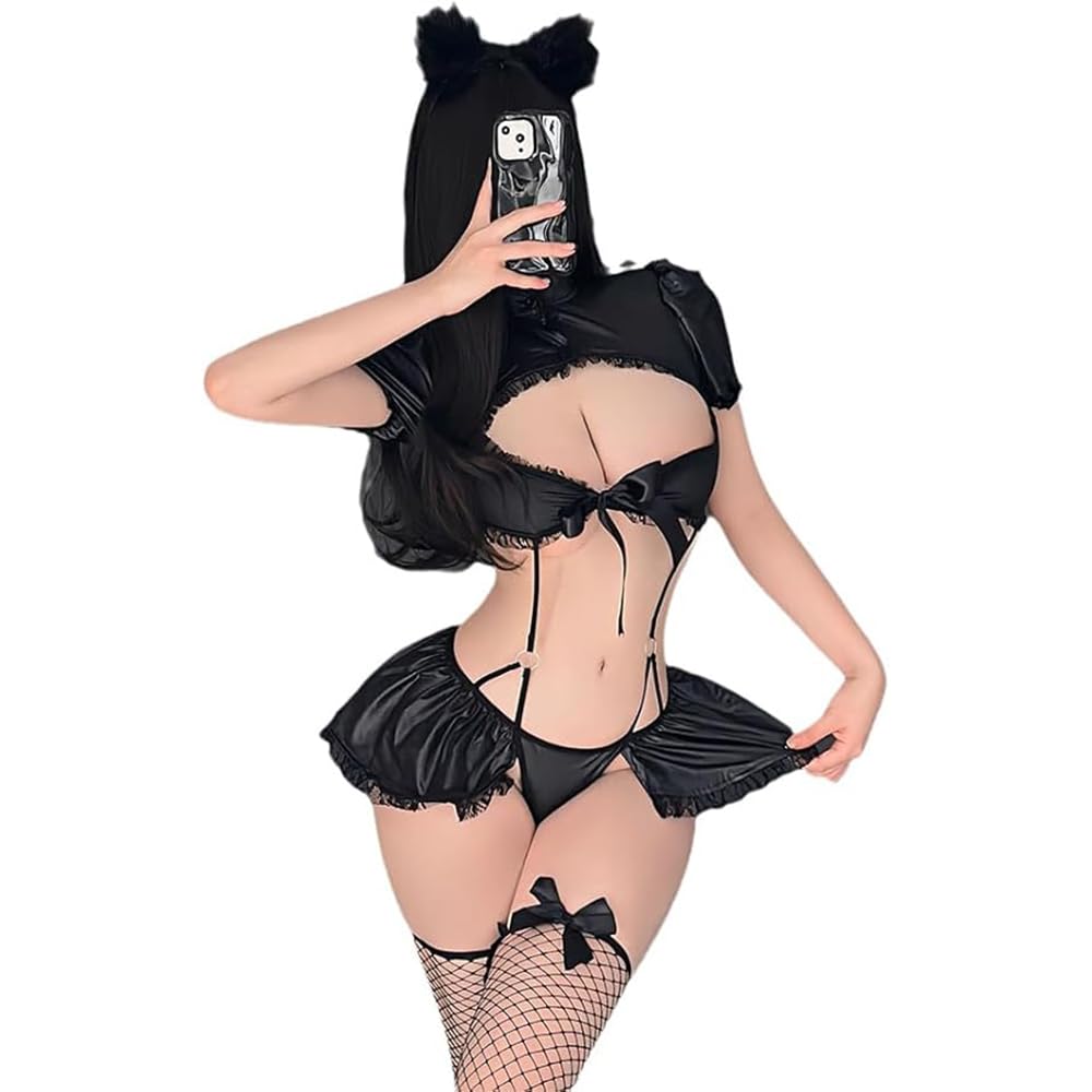 GQ Black Cat Cosplay Costume Set Crop Top with Puff Sleeves and Lace Trim Skirt Cat Ears Fishnet Stockings, One Size