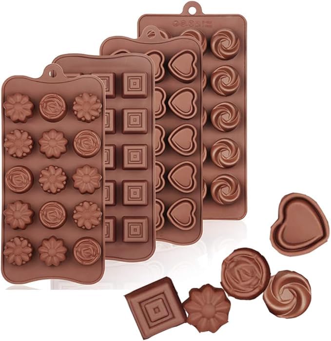 Silicone Molds, 4 Pieces, Premium Shapes, Mini Deep Chocolate Molds, Food Grade, Non-Stick, Volura Brown