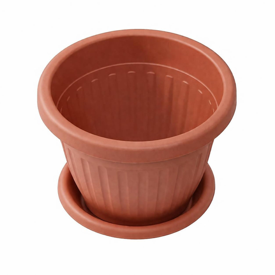 German Ribbed Planter Pot with Saucer 20cm Durable Waterproof Flower Pot Decorative Round Indoor Outdoor Garden Pot for Home Balcony Office Plants (1, Brown)