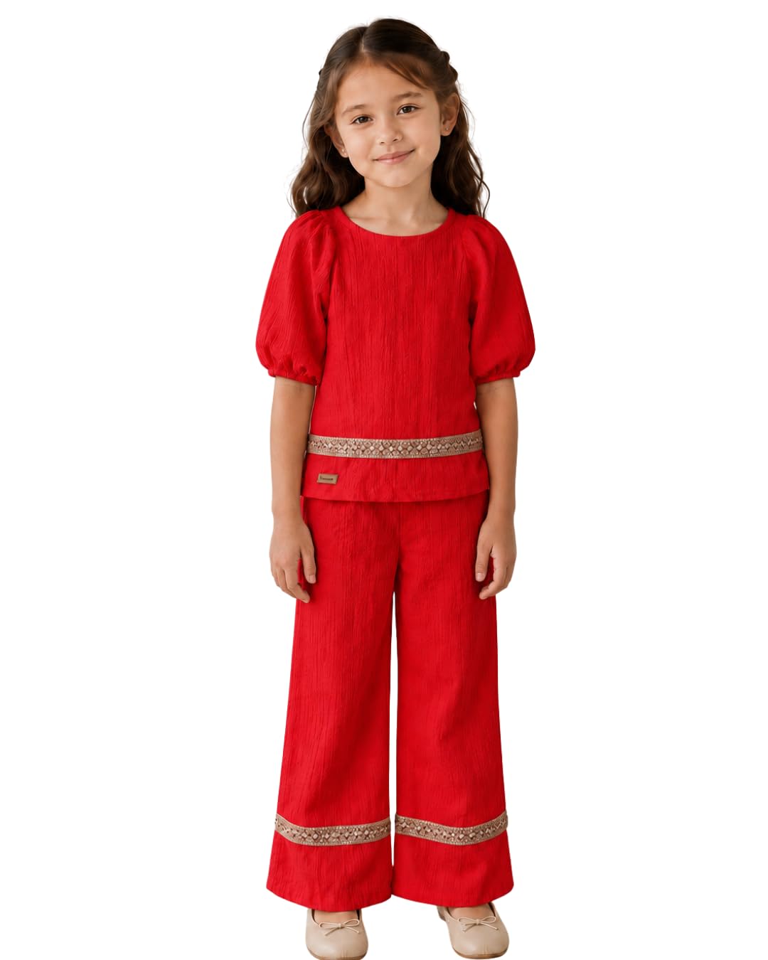 Wonder trim Set Girls' Puff Sleeve Top and Wide-Leg Trouser Set, Embroidered Trim, Red, White, Yellow, blue, dark green and fushia