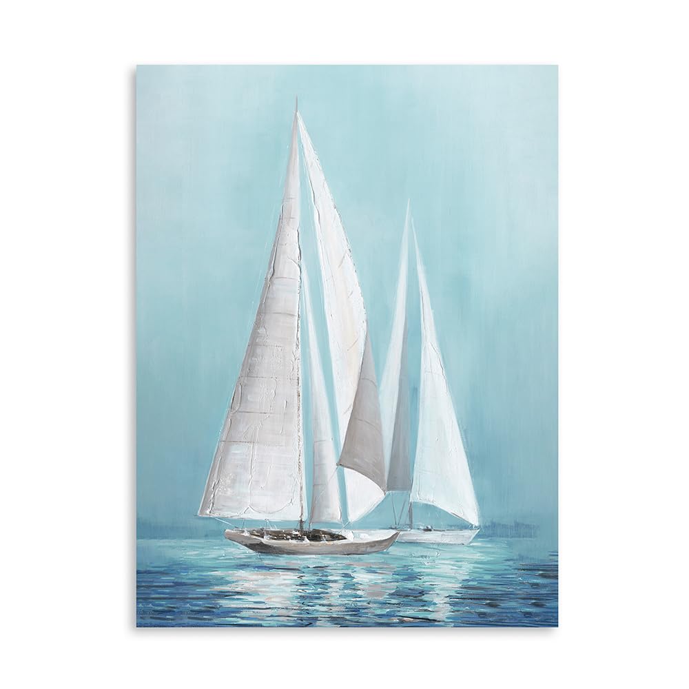 XMYATELi Blue Sailing Boat Canvas Wall Art - Ocean Sailboat Picture Modern Coastal Painting Small Framed Nautical Poster Print for Living Room Bedroom Bathroom Home Office Seascape Wall Decor 30x40 Cm