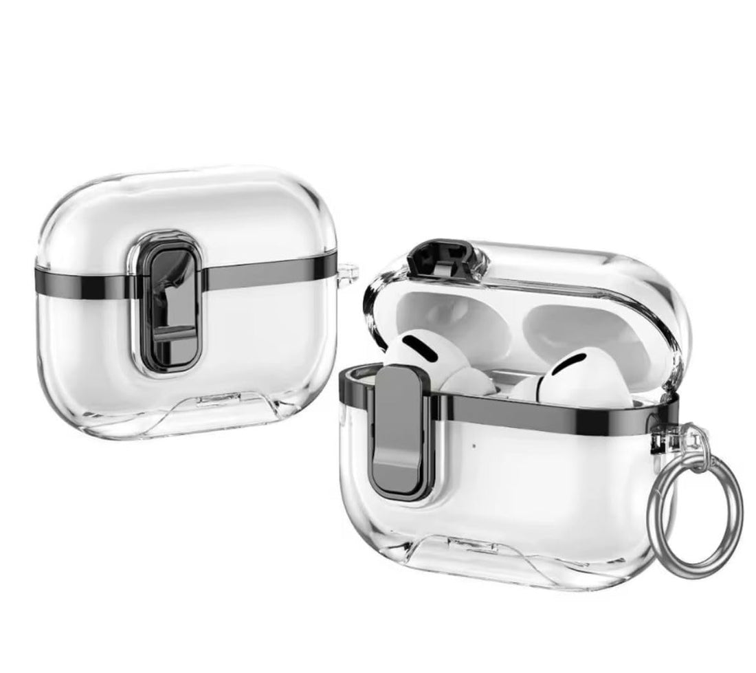 Fekra ransparent Electroplated Case for AirPods Pro 3 (3rd Generation) – Shockproof Protective Cover with Lock Catch & Keychain Hook, Anti-Scratch Stylish Earbuds Case (Black)