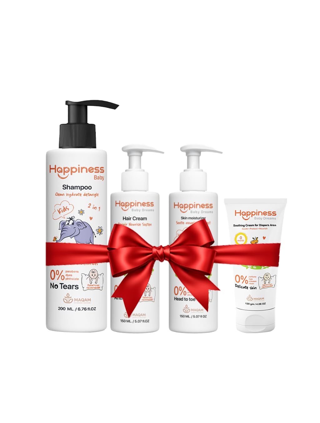 Happiness Baby Care Gift Set, Kids 2-in-1 Shampoo, Hair Cream, Skin Moisturiser and Diaper Rash Cream, 4-Piece Bundle