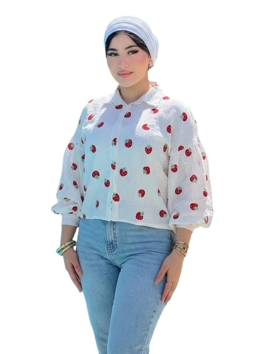 Schmiz Women's Strawberry Print Shirt, White and Red, One Size Fits Up to 80K, Linen Material Puff Sleeve