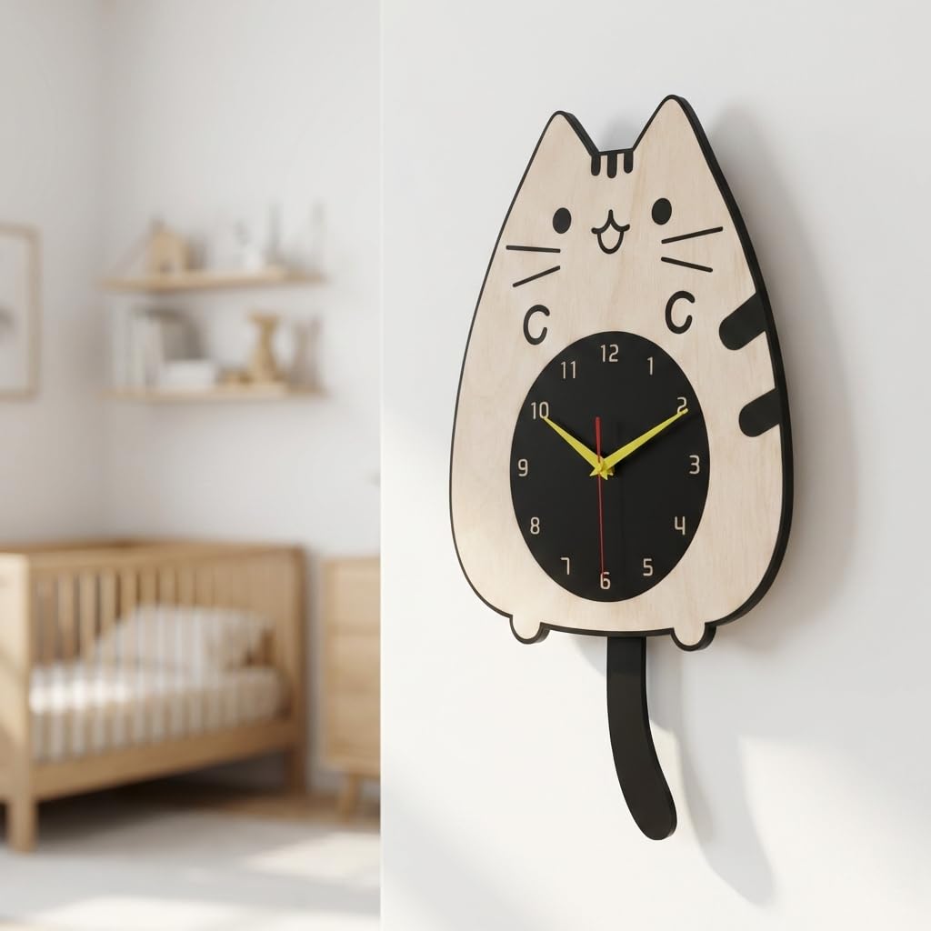 Cat Wall Clock Pendulum Movable Wall Clock with Movable Tail, Bright Colors and High Quality, Quiet Silent Movement, Easy to Hang, Add Attractive Decorative Touch to All Taste