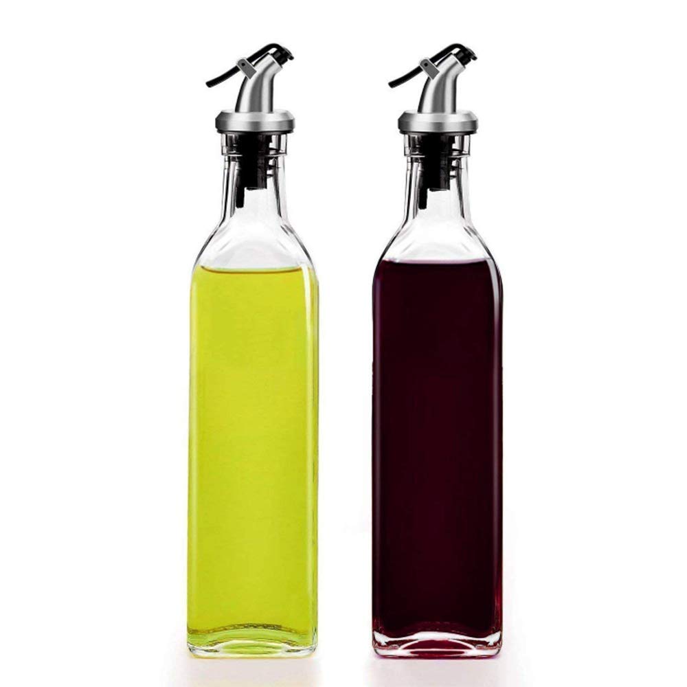 KASTWAVE Glass Oil-Vinegar Dispenser Bottle,Olive Oil Bottles,BPA Free Stainless Steel Leak-Proof Cork,Transparent Oil Pourer and Holder(500 ml, Pack of 2)