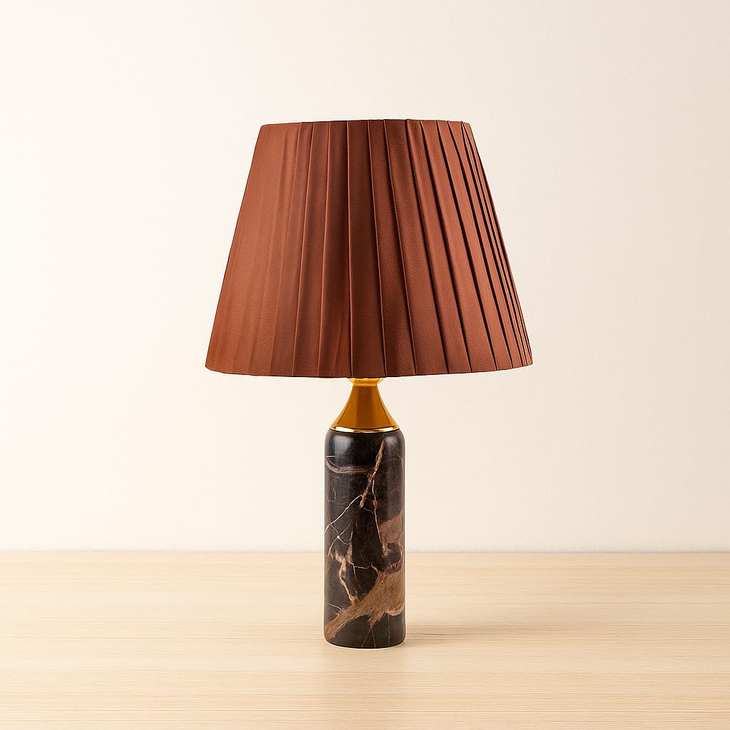 Modern Table Lamp with Marble Base, Brown Pleated Shade, Decorative Lighting, 47cm X 29cm (Brown Marble & Shade)