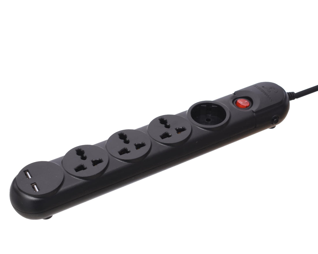 System Max SMPG-4P2U Power Strip – 4 Outlets with Circuit Breaker, Streamlined Design, 2500W/10A/250V, 2m Cord – Black