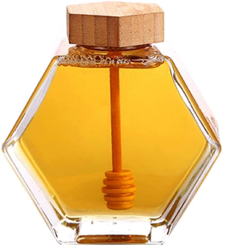 Glass Honey Pot Honey Container Honey Dispenser with Wooden Honey Spoon and Lid Jam Jars Syrup Glasses Honey Storage (380 ml)