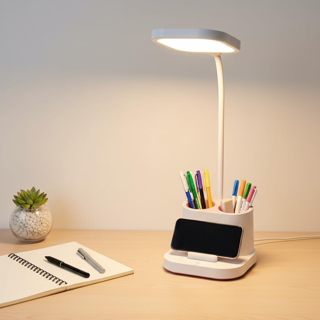 LED Desk Lamp with Phone Holder, Eye Caring Desk Lamp with Ergonomic Light for Studying and Reading for Kids Students with USB Charging Port Touch Rechargeable Perfect for Office and Home (Pink)