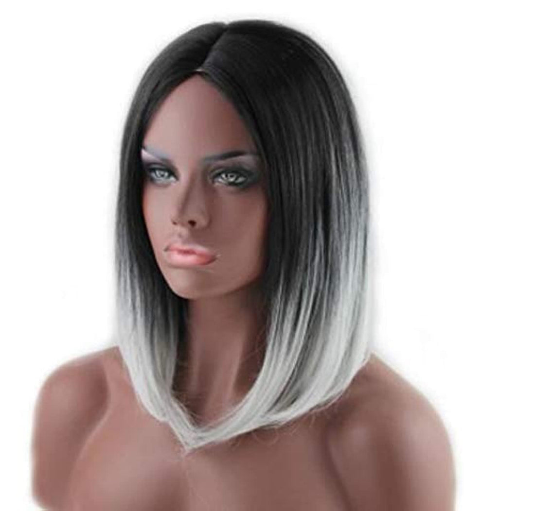 ECIF Woman Short Straight Black And Gray Gradient Color Fashion Short Wigs