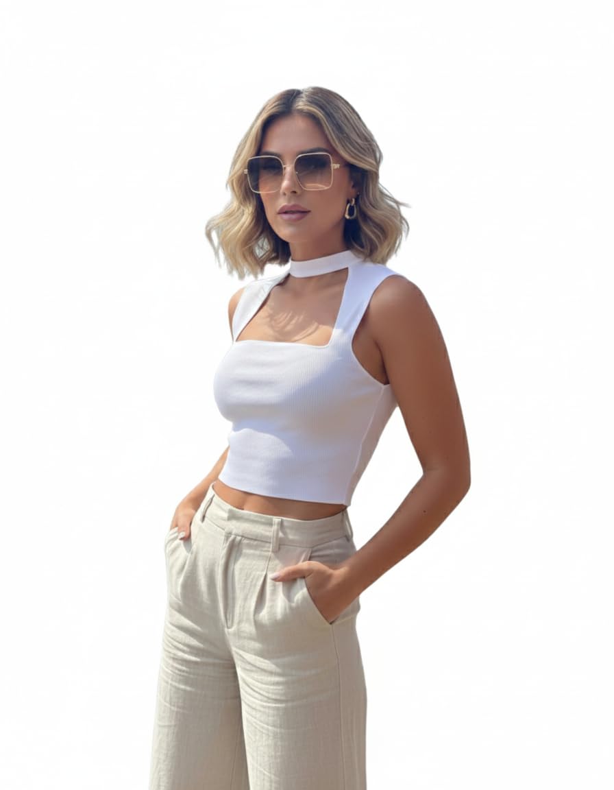 Vatshi Women's Square Neck Ribbed Crop Top with Choker, White Cotton, Egyptian Made, Sleeveless Summer Fashion Top