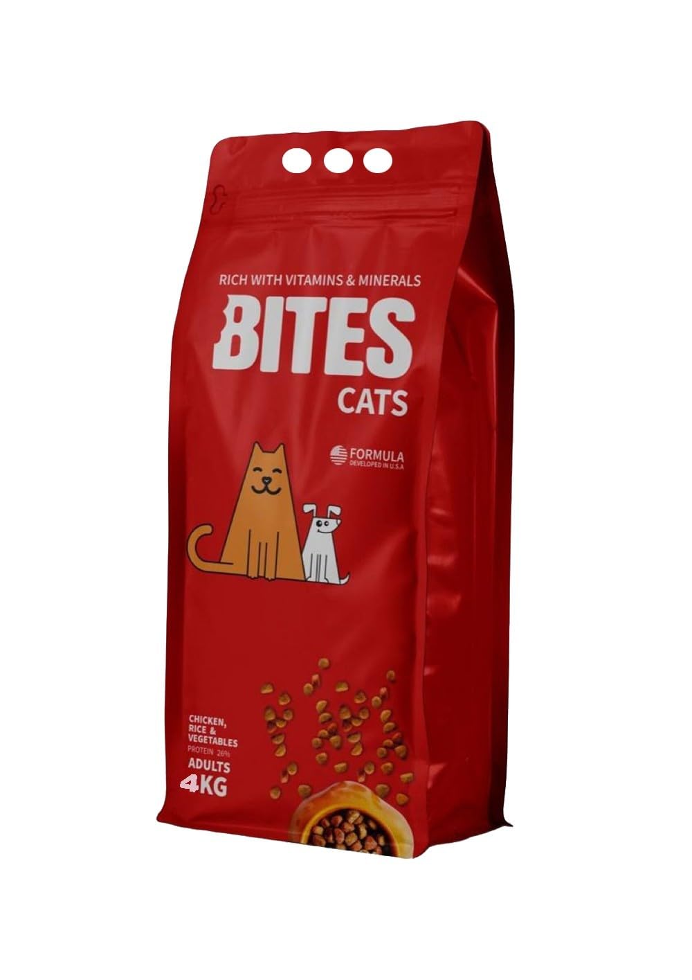 Pawer Pets Bites Adults Cats Dry Food, Chicken, Rice, And Vegetables - 4 Kg