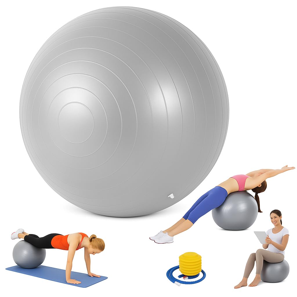 Exercise Ball Yoga Ball Gym Ball Balance Ball – Pilates Swiss Stability Anti-Burst Pregnancy Birthing with Pump for Home Workout & Office Chair (Grey)