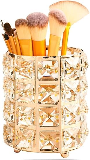 Elegant Crystal Makeup Brush Holder Organizer, Luxury Storage Solution for Cosmetic Brushes and Accessories, Handmade Design with High Quality and Elegant Gold Finish Adds Beauty to Your Makeup Table
