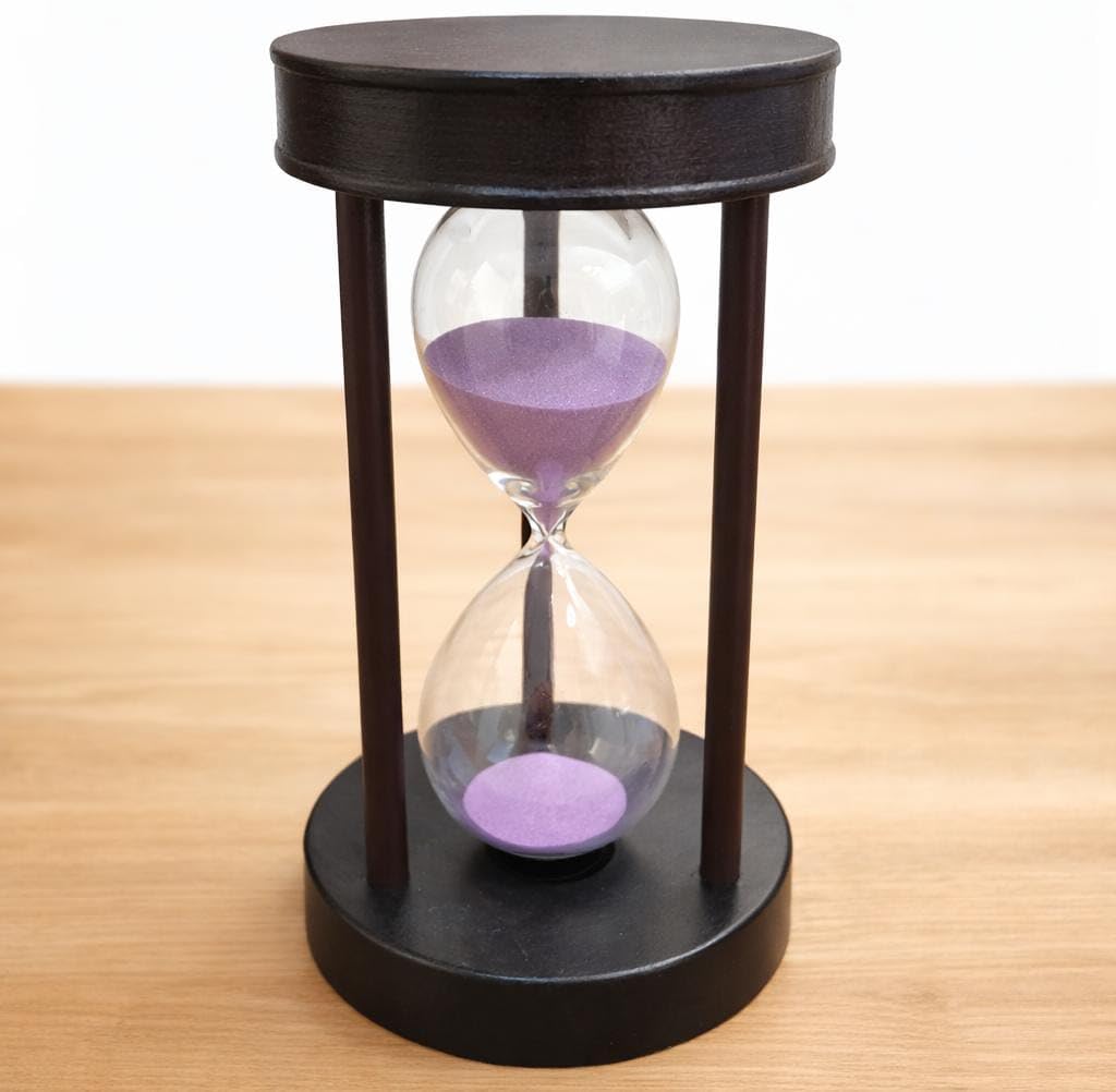 Wooden Hourglass with Black Frame, Purple Sand, Clear Glass, 5 Minutes Timer, for Home and Office