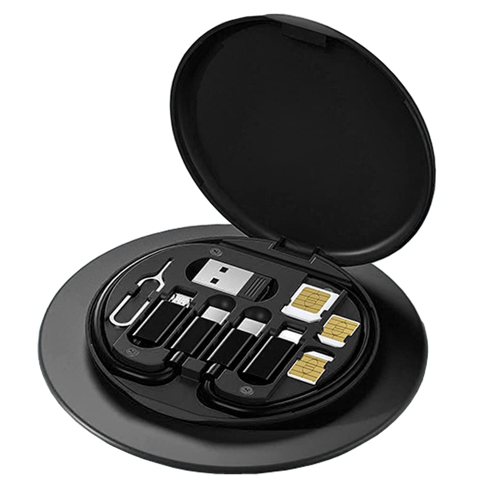 USB Cable Conversion Storage Box,Multi-type Charging Cable Converter, Micro DataTransfer Tool Contains SIM Card Slot Tray Eject Pin,also used as a Phone Holder (Black)