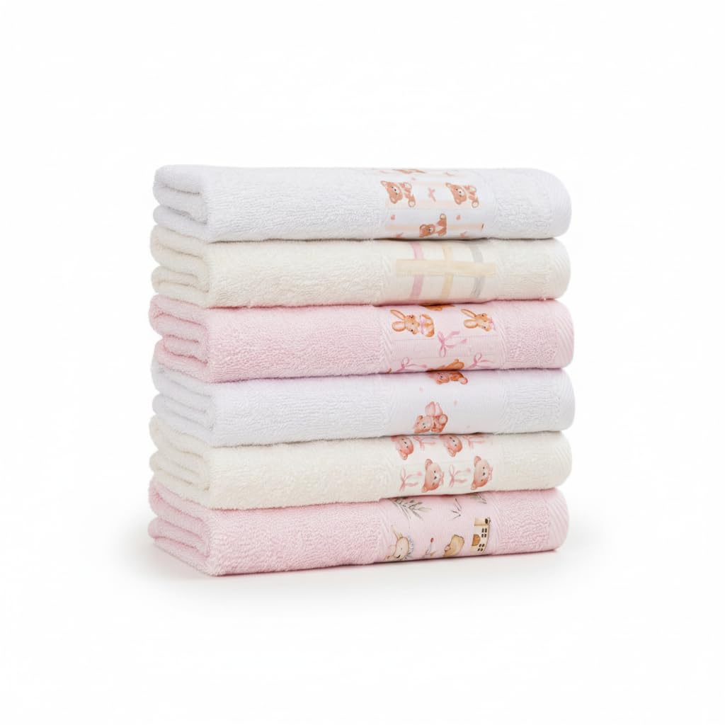 Kids Bath & School Towel Set – 6 Pieces (30 × 50 cm) Soft Cotton Towels for Boys & Girls | Fun Printed Designs | Daily Use (girls set)