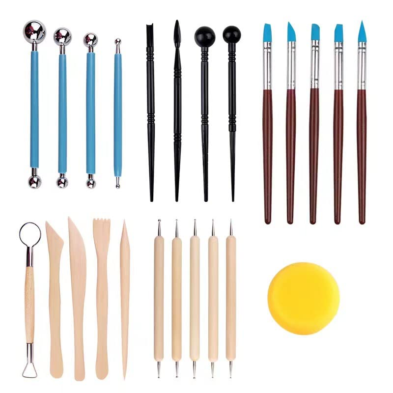 DI QIU REN 24PCS Polymer Clay Tools Pottery Tools, Modeling Clay Tools Sculpting, Wooden Handle Clay Tool Kit Sculpting Tools Air Dry Clay Tools for Pottery Craft Carving, Drawing, Dotting, Molding