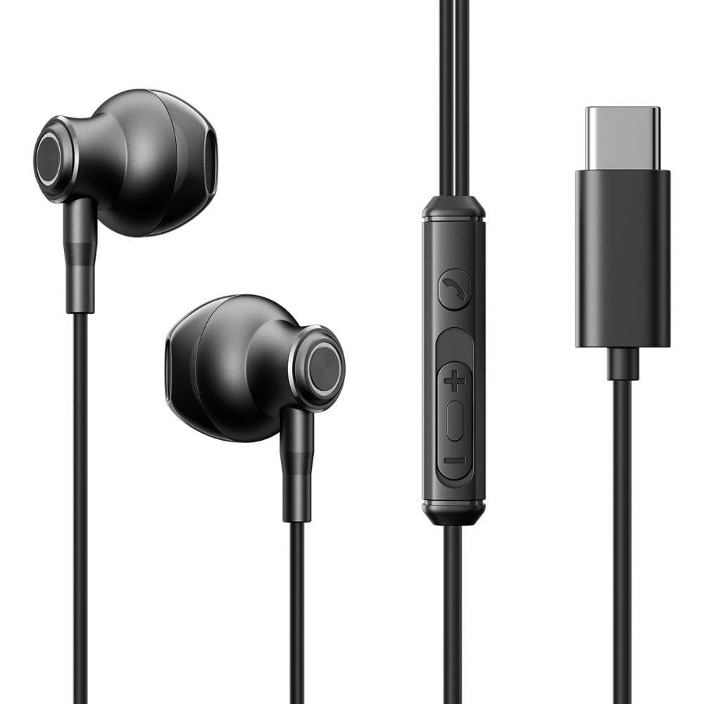 Joyroom JR-EC07 Type-C Half In-Ear Wired Earphones – 10 mm Dynamic Drivers, HD Microphone & 3-Button Control, Plug-and-Play USB-C Audio, 1.2 m Cable – Black | 12 Months Warranty