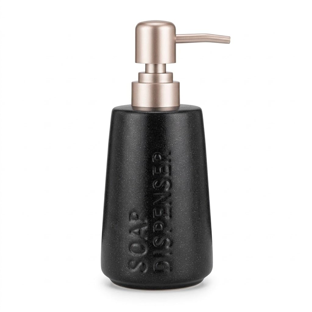 Next Store Royal Black Ceramic Liquid Soap Dispenser, Luxury Rose Gold Finish Soap Pump, Elegant Bathroom & Kitchen Decor, Modern Embossed Design