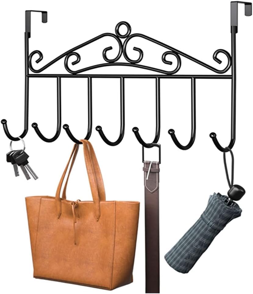 > Over-the-Door Metal Clothes Hanger Rack – 7 Hooks, Black, No-Drill Design, Space-Saving Organizer for Scarves, Bags, and Accessories
